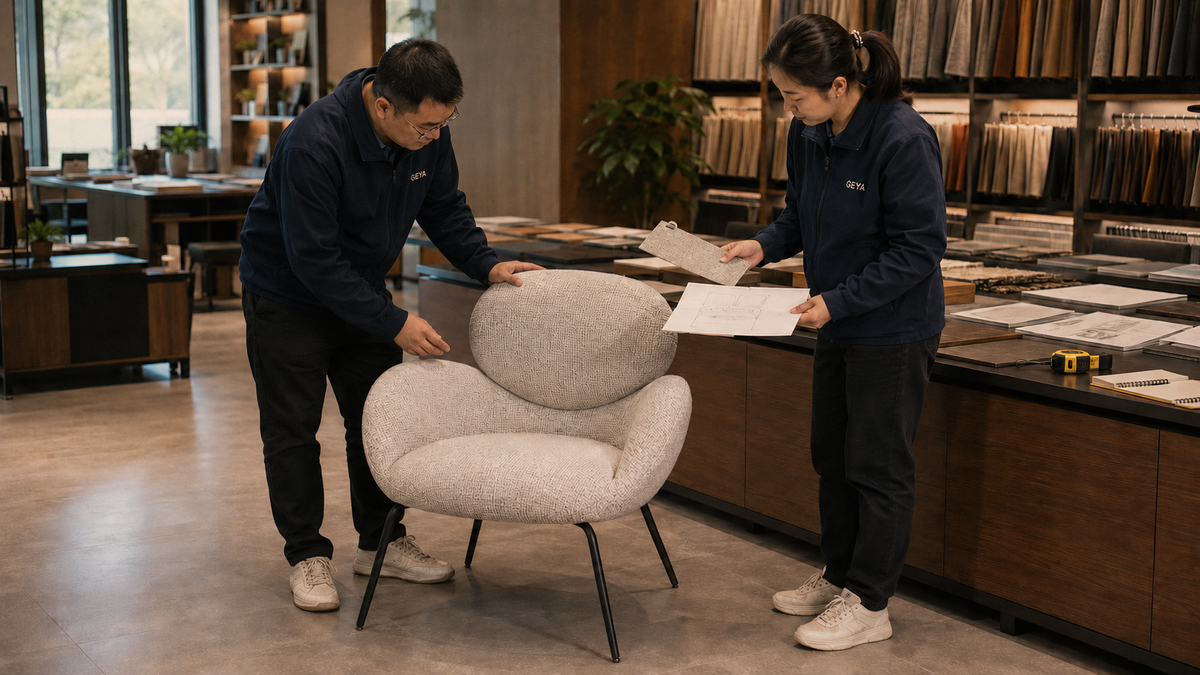 GEYA team reviewing an upholstered lounge chair sample with fabric swatches and technical drawings for OEM product development.