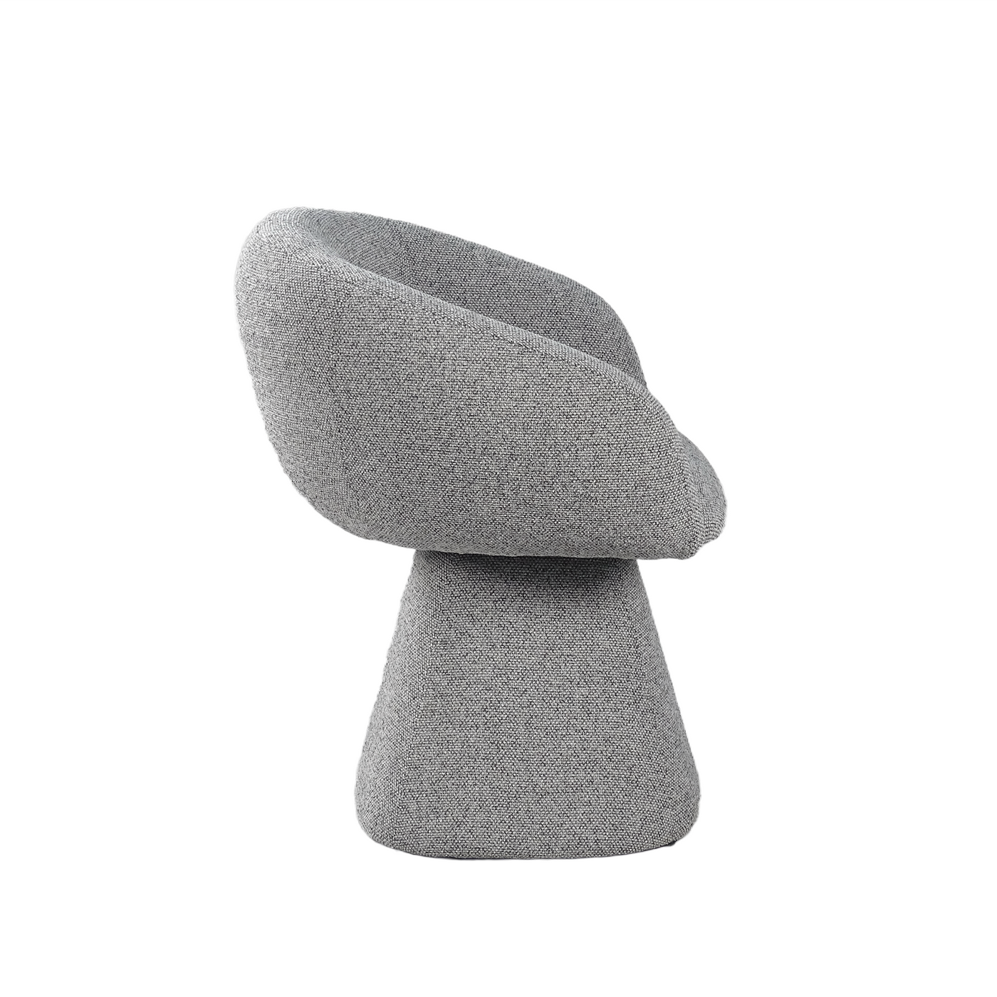 Mélange woven swivel lounge armchair side profile showing sculptural cone base silhouette and 500mm seat height with continuous upholstered surface.