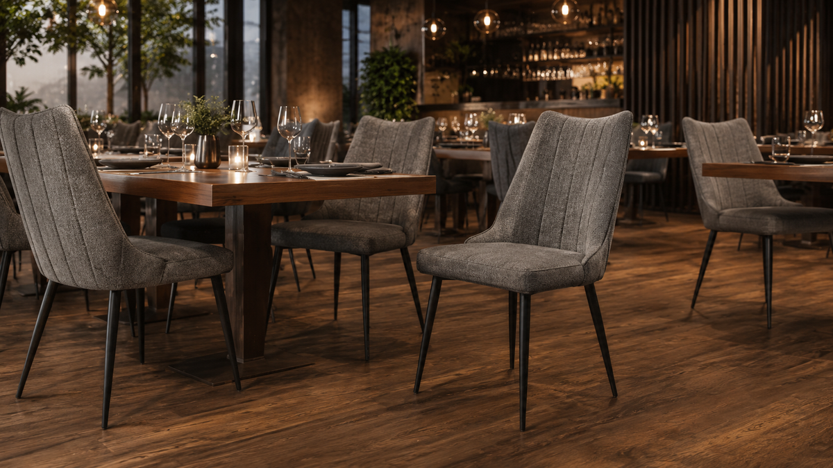 GEYA DC-3065 channel-stitched upholstered dining chairs in a contemporary restaurant