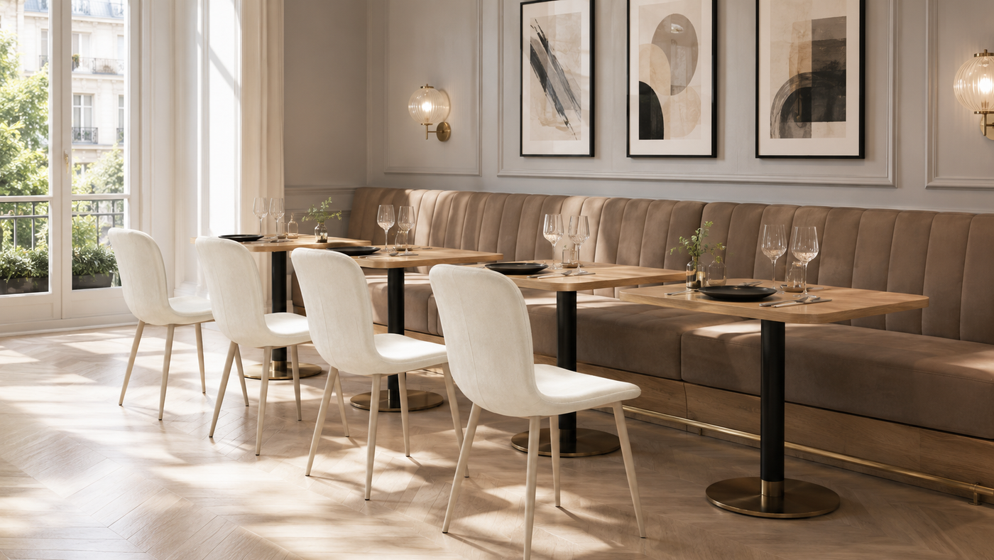 Shell back upholstered dining chair in ivory velvet for boutique hotel breakfast lounge and café restaurant seating — DC-1062