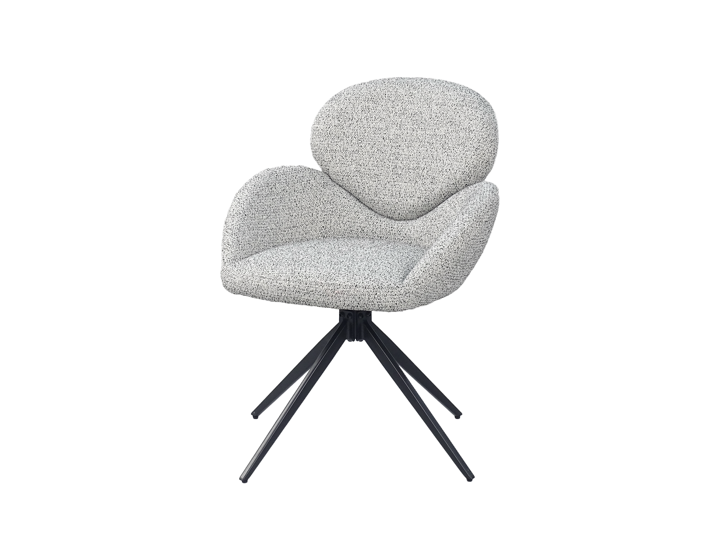 Three-quarter view of upholstered swivel armchair in pebble grey showing rounded upper form against slender four-star steel base — DC-5029