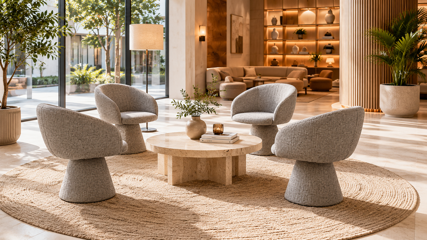 Sculptural Swivel Lounge Armchair in Boutique Hotel Lobby with [