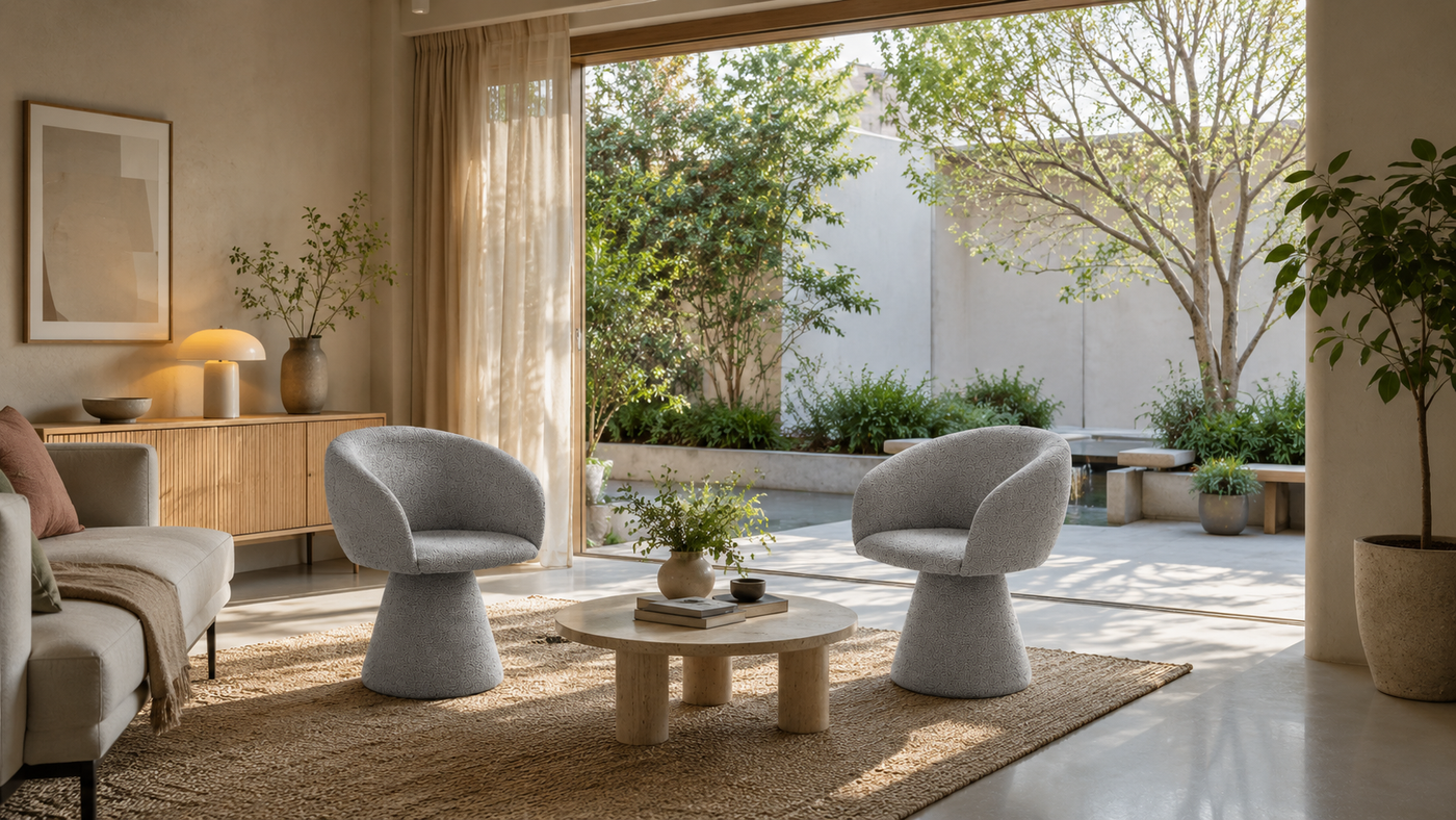 Sculptural Swivel Lounge Armchair in Garden-Facing Living Space with [