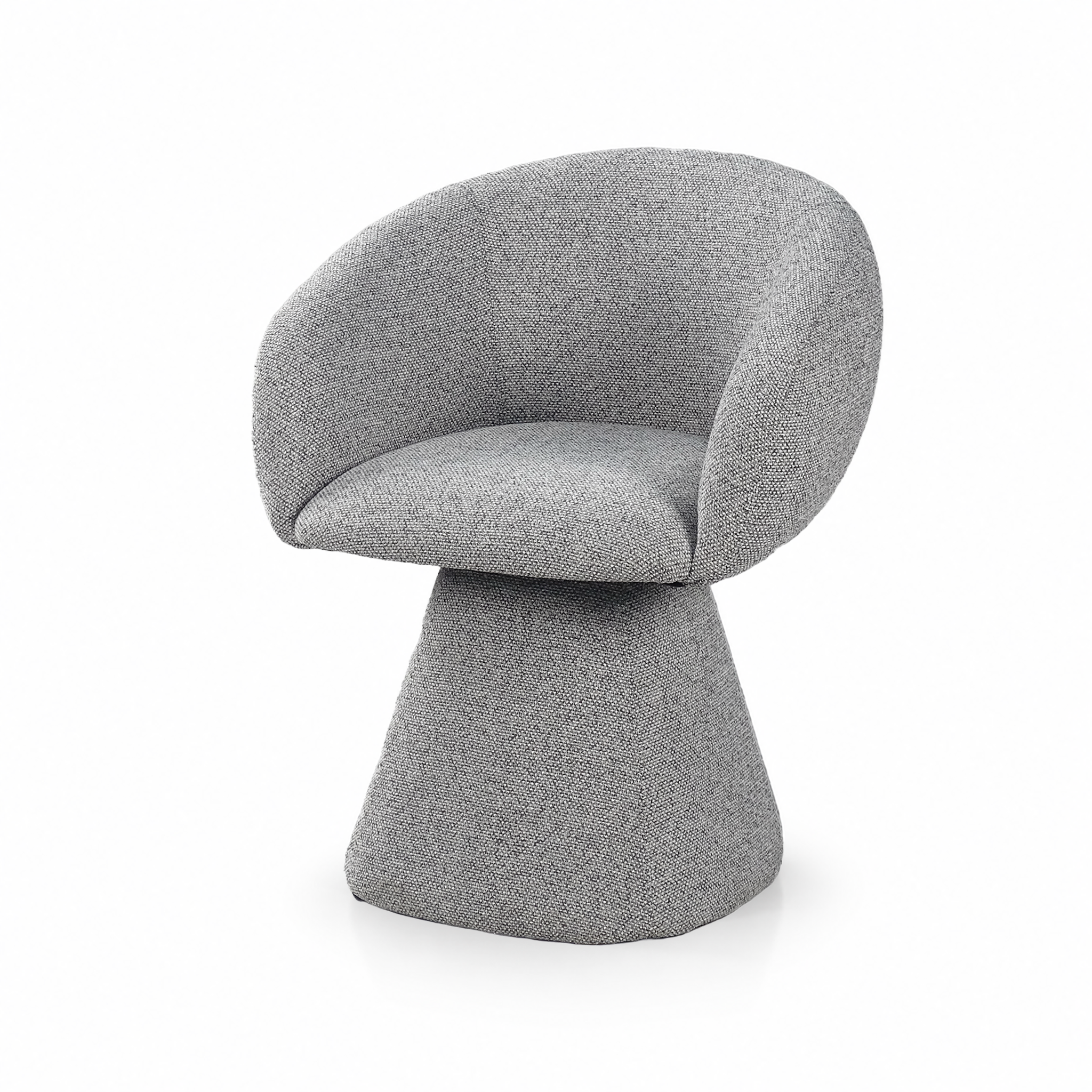 Upholstered swivel lounge chair in Pebble Grey fabric with sculptural curved shell and fully upholstered swivel base.