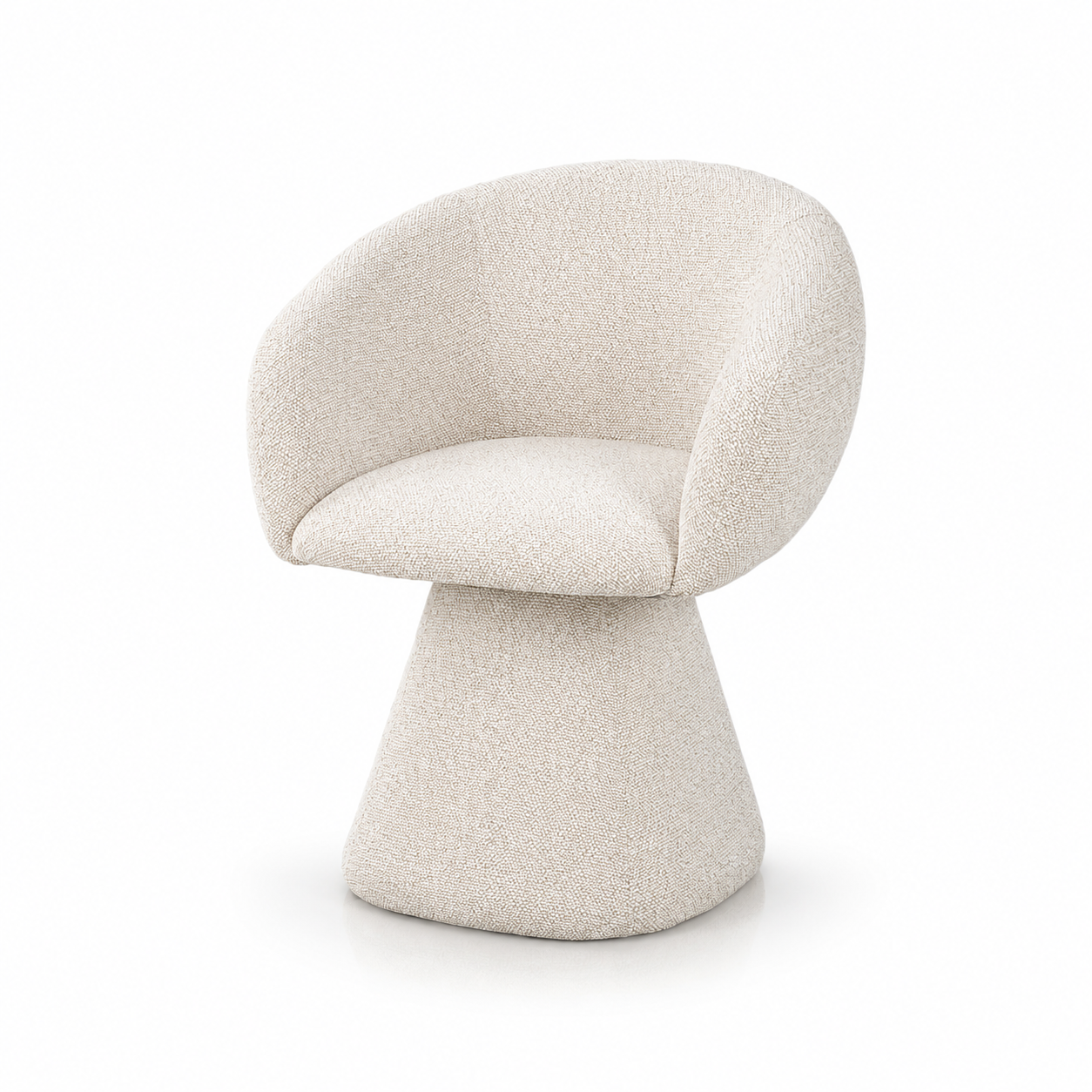 Upholstered swivel lounge chair in Warm White fabric with sculptural curved shell and fully upholstered swivel base.