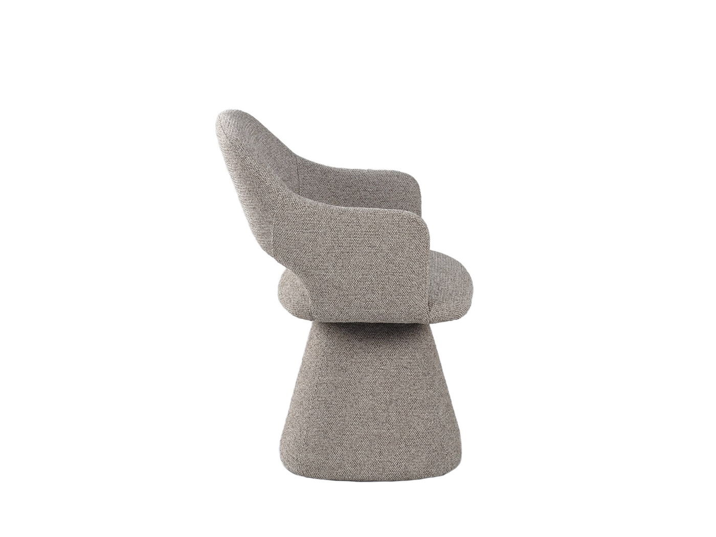Mélange woven swivel lounge armchair side profile showing curved back silhouette and 510mm seat height on upholstered pedestal base.