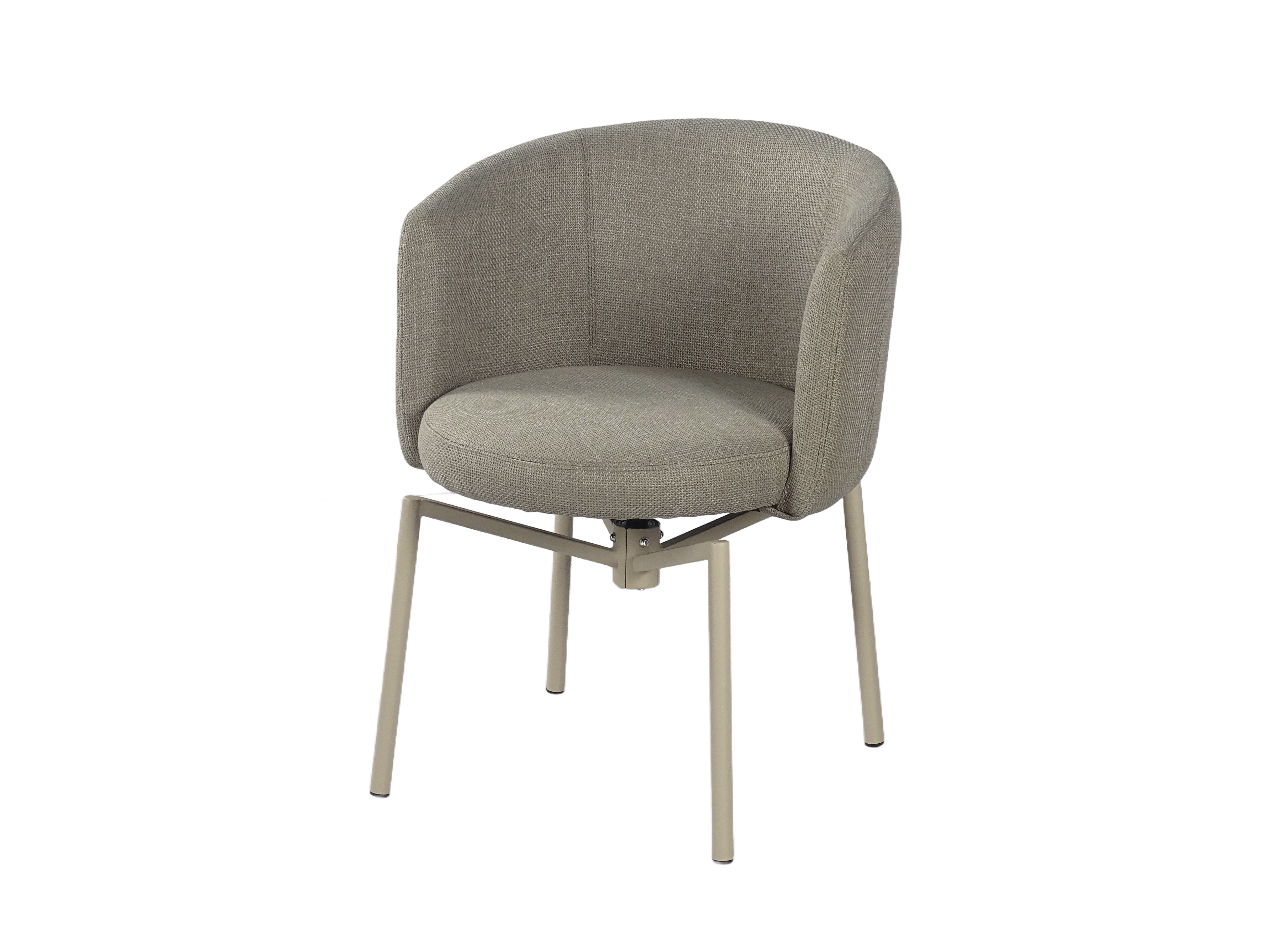 Upholstered swivel tub chair with rounded wraparound back and four-leg metal base