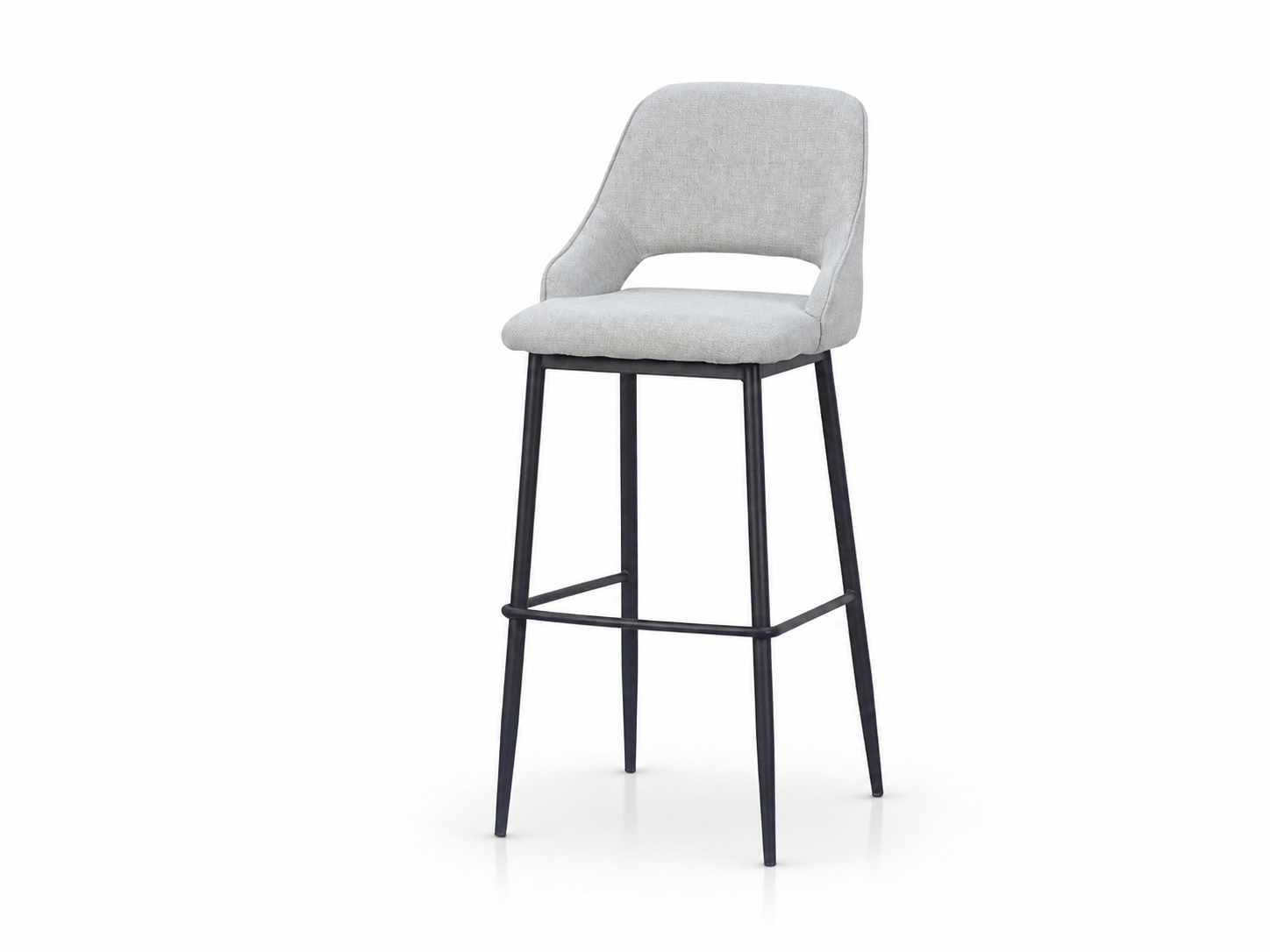 Upholstered Wrap-Back Bar Stool in Pearl Grey fabric with black powder-coated metal frame, model BC-67