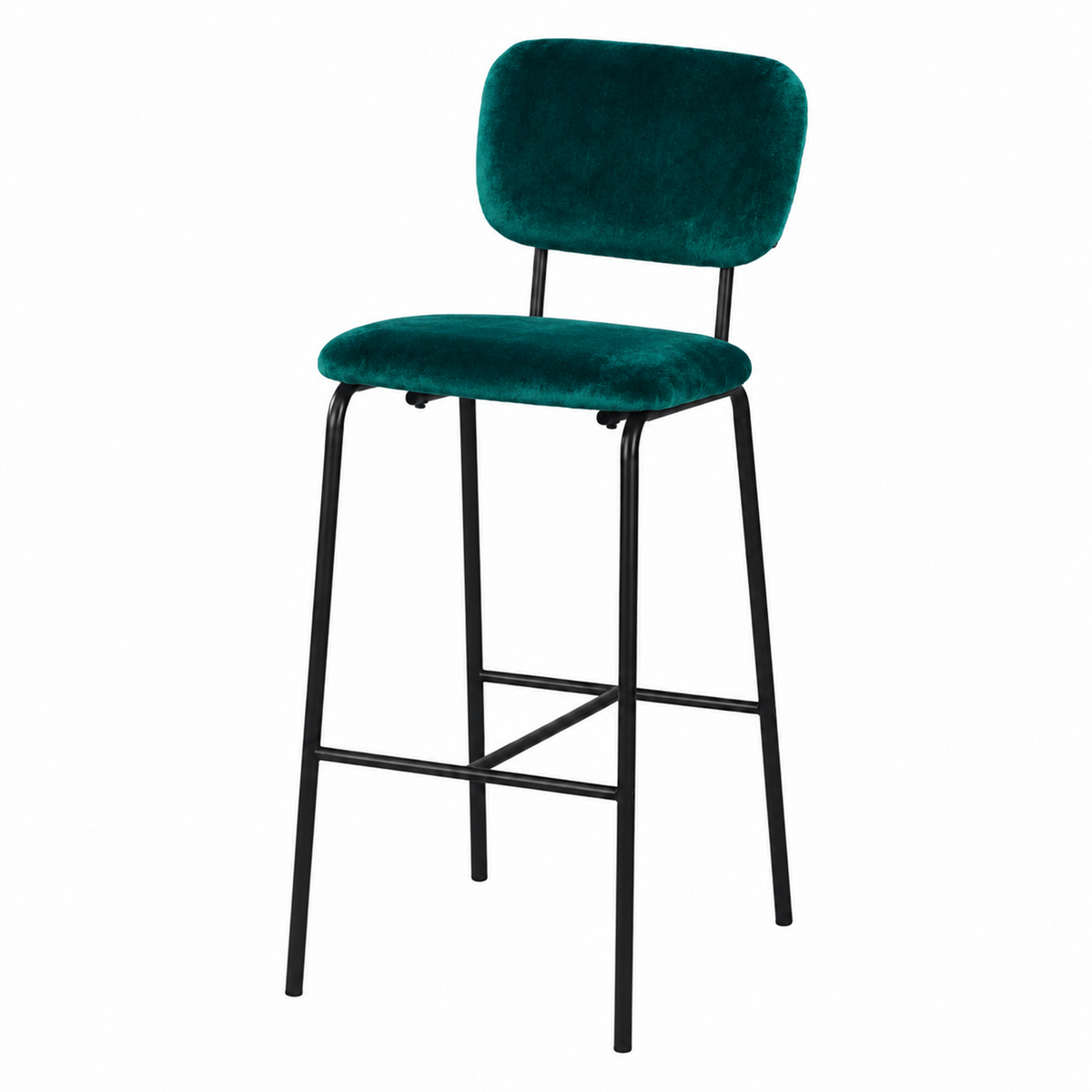 Velvet bar stool in deep teal with a black steel four-leg frame and visible footrest rails, BC-182-750
