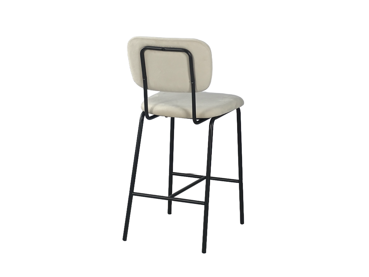 Velvet bar stool rear view showing the exposed tubular steel frame around the backrest in ivory, BC-182-750