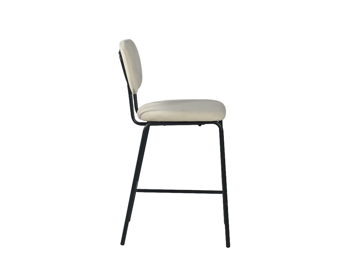 Velvet bar stool side view showing the backrest profile, seat depth and open gap above the steel frame, BC-182-750