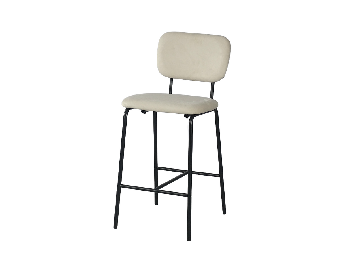 Velvet bar stool three-quarter view showing the four-leg steel base and round-tube footrest with ivory upholstery, BC-182-750