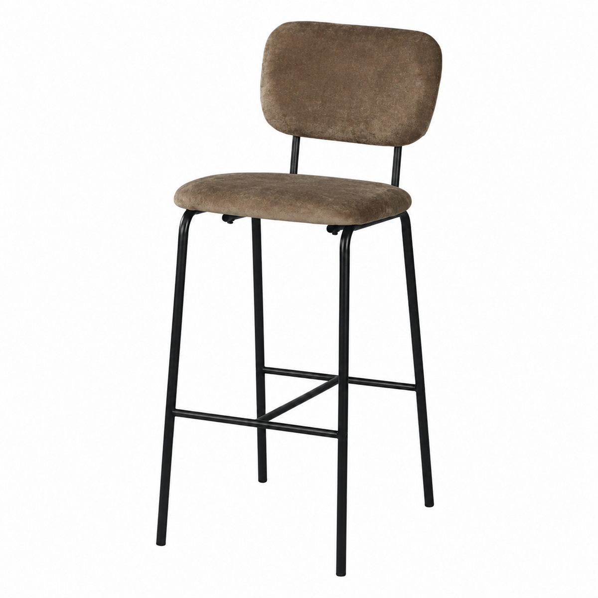 Velvet bar stool in warm taupe with round steel tube legs and a black sand finish, BC-182-750

