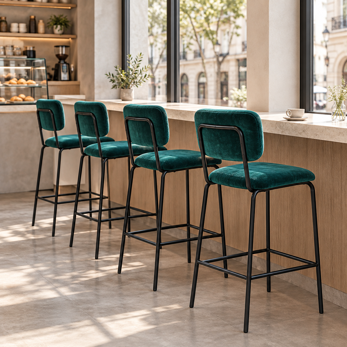 Velvet bar stools in deep teal arranged along a café window counter, showing their tubular steel back frames, BC-182-750