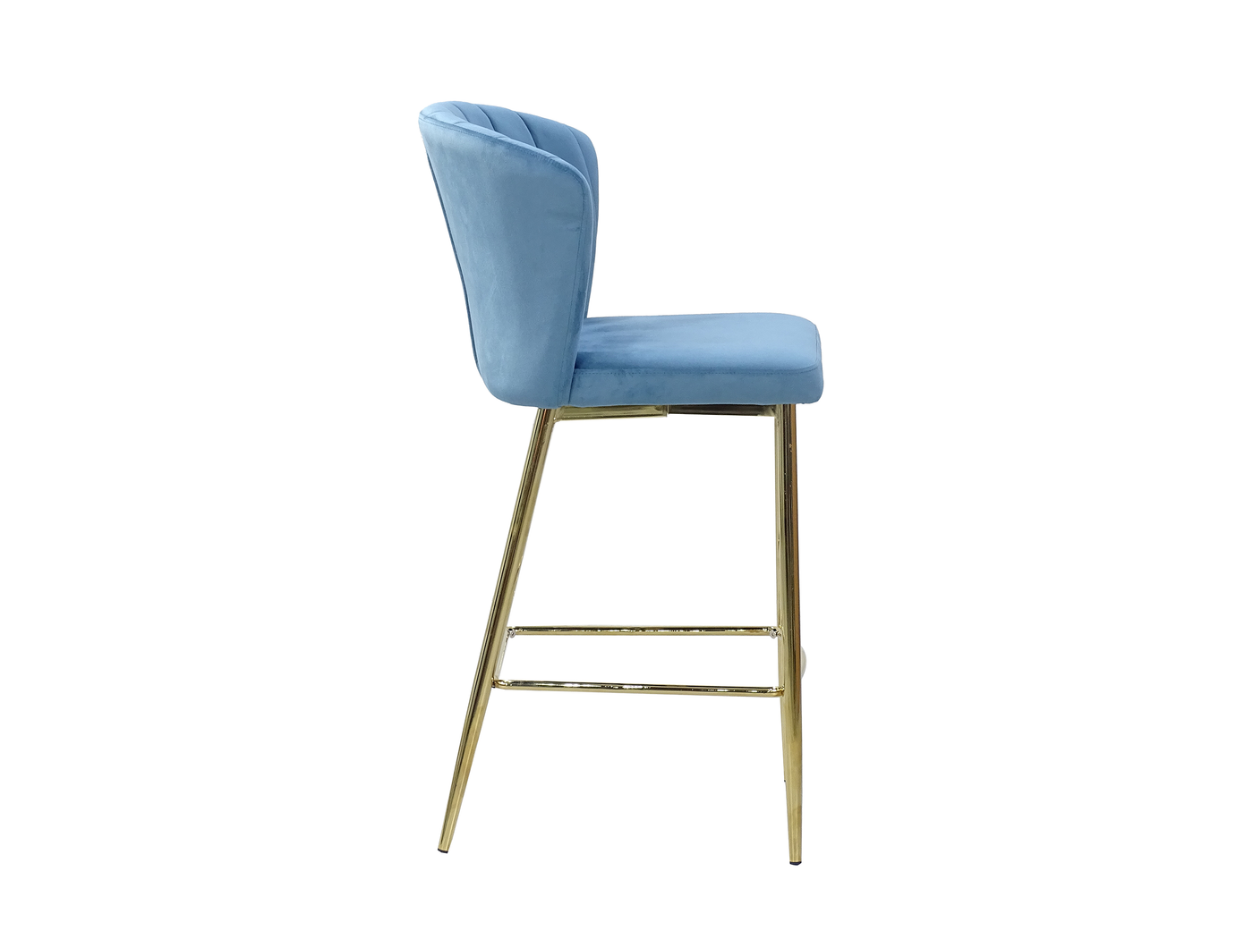 Side profile of channel-stitched velvet counter stool showing tapered gold-plated legs and wraparound footrest, BC-90
