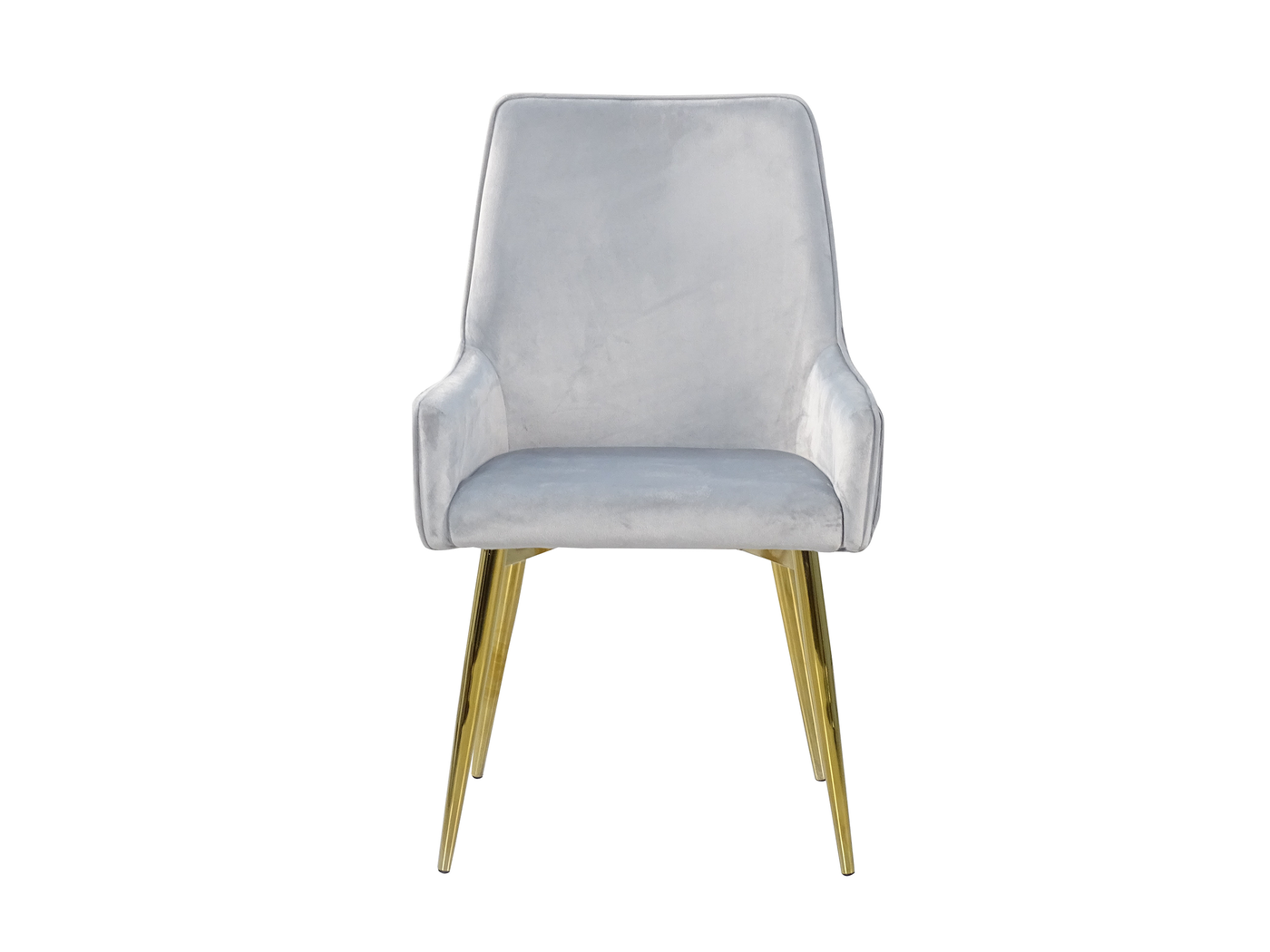 Front view of high-back velvet dining armchair in silver grey showing smooth upholstered inner back and integrated low armrests with gold-plated steel legs — DC-3057