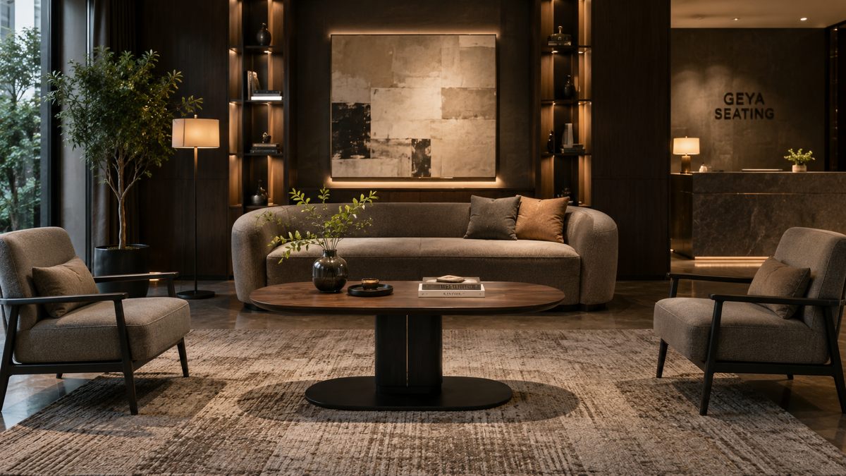 CT-38 wood-effect oval coffee table in a boutique hotel lobby lounge with two lounge chairs, warm ambient lighting and dark interior finish.