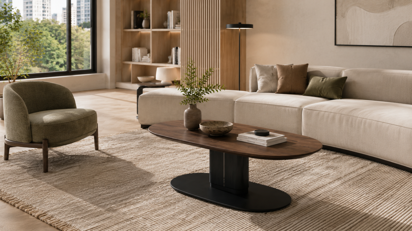 with cream sofa, olive lounge chair, jute rug and garden view. — GEYA Seating