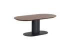 CT-38 Wood-Effect Coffee Table Perspective View — Stadium-Oval Walnut-Effect Top, Twin-Column MDF Pedestal, 700×400mm Short-Oval Matte Black Sand-Grain Steel Base — GEYA Seating
