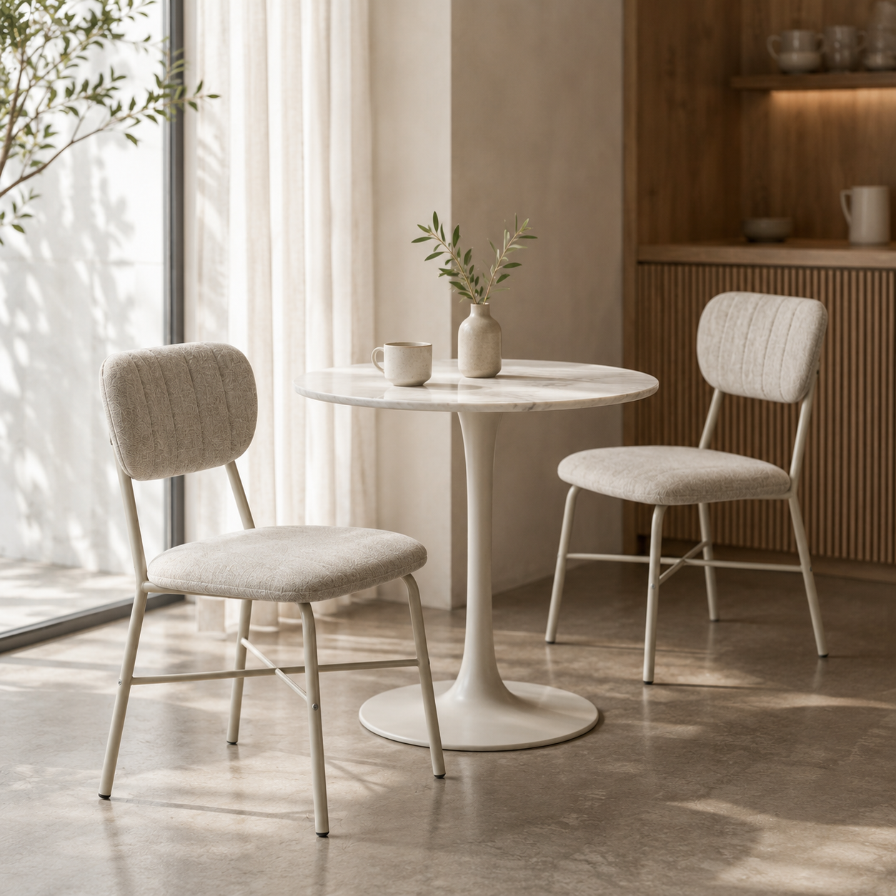 GEYA Seating bouclé channel-quilted round-leg side chair warm ivory beige marble bistro table dc-3261-a
