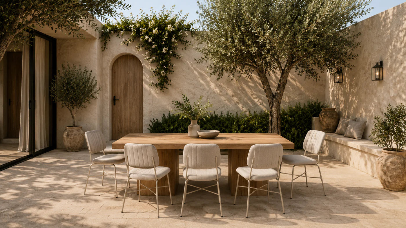 bouclé channel-quilted side chairs outdoor terrace courtyard dining setting warm stone dc-3261-a
