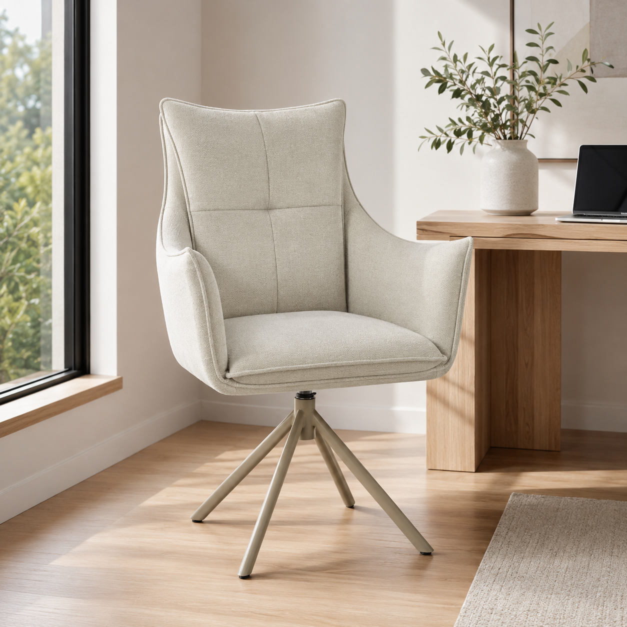 GEYA Seating high-back grid-quilted swivel armchair warm ivory linen-look fabric four-star base dc-5076