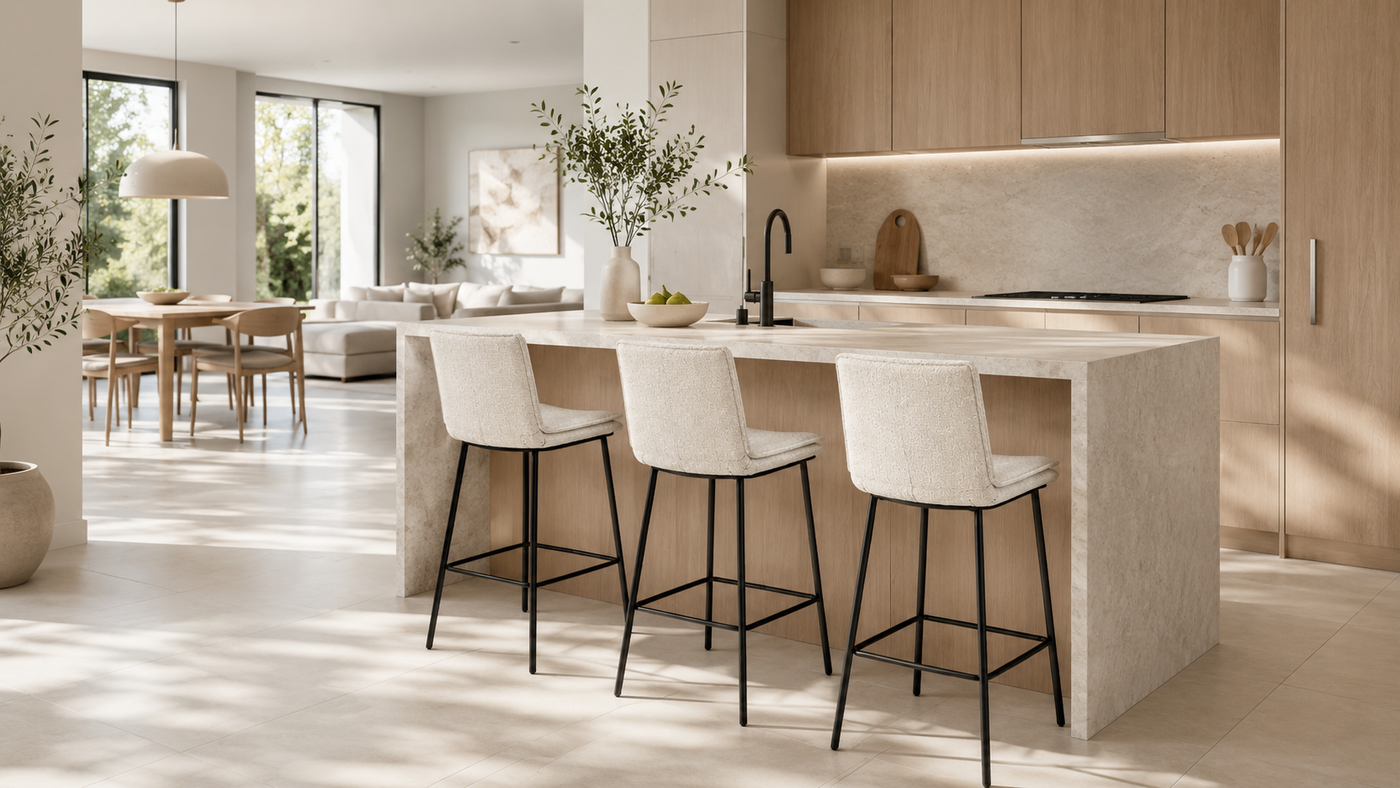 Warm Minimal Kitchen Island with Oatmeal Ivory Counter Stools with [