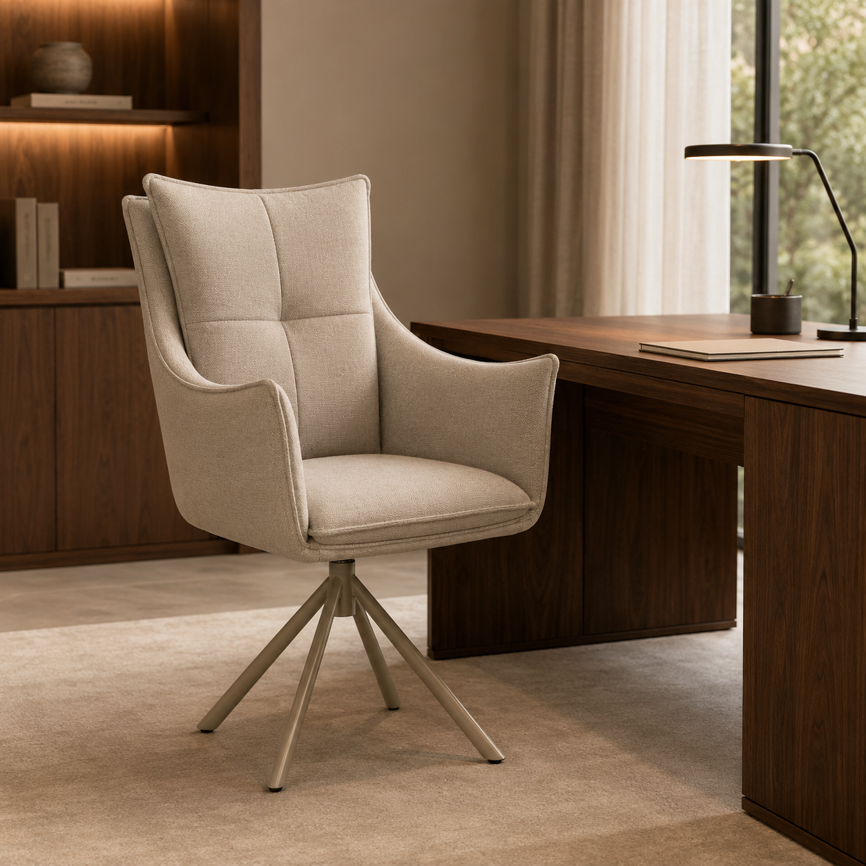high-back grid-quilted swivel armchair warm taupe beige linen-look fabric champagne four-star base dc-5076