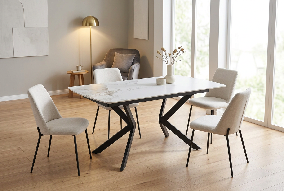 White sintered stone dining table in sunlit open-plan apartment with cream chairs, T-105