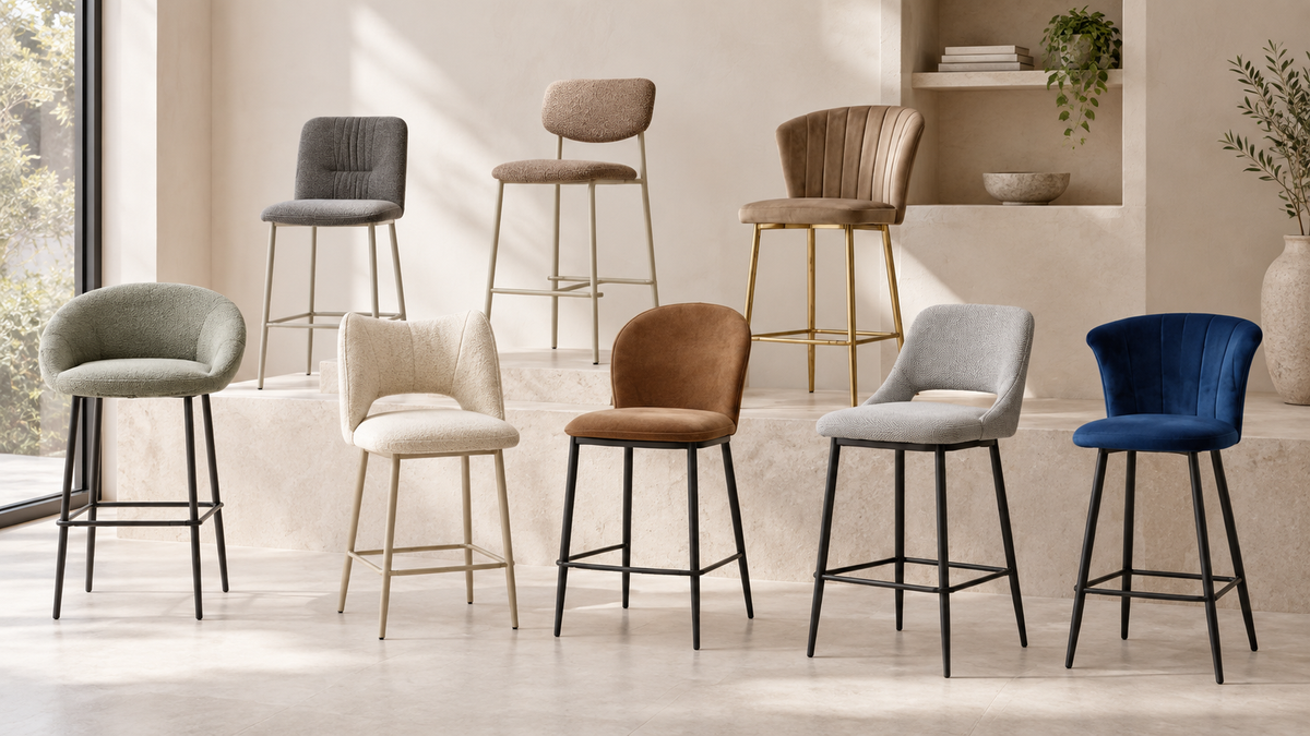 Coordinated upholstered bar and counter stool collection for wholesale furniture buyers