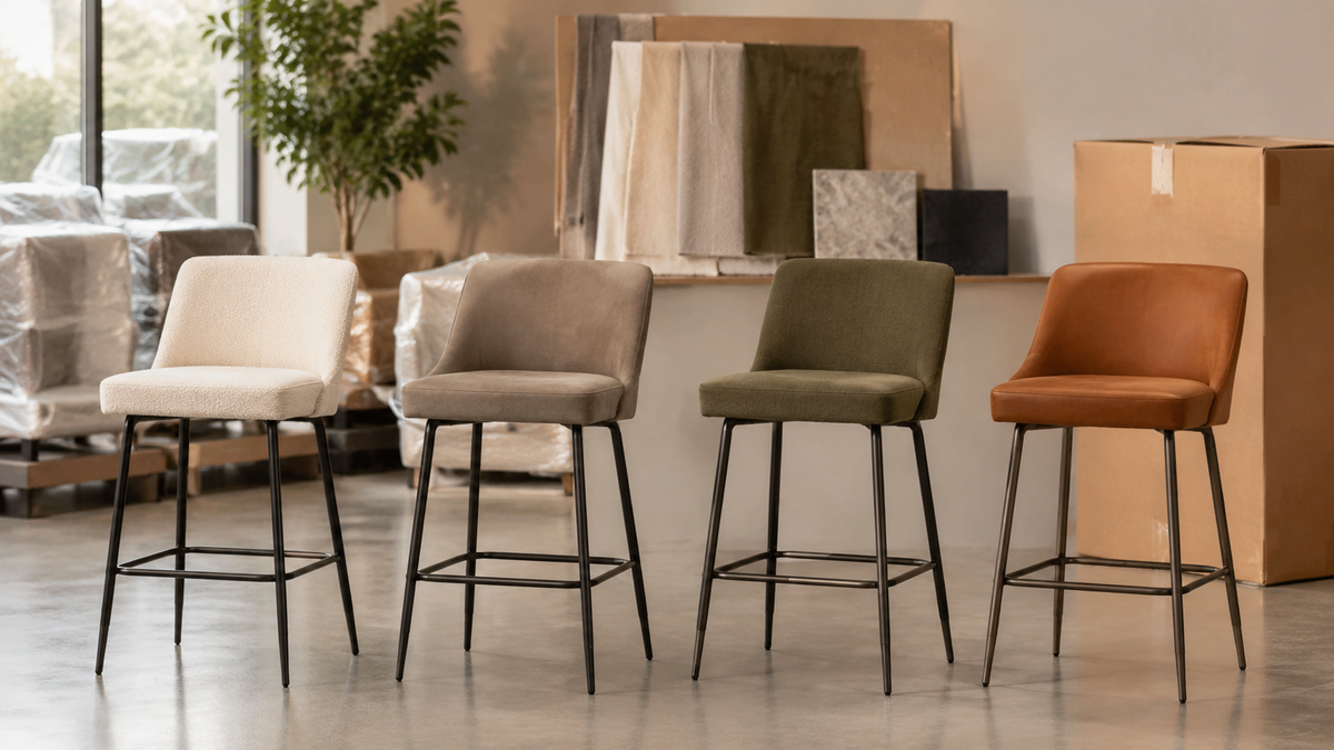 Upholstered counter stool models prepared for furniture retail collection replenishment and repeat wholesale supply.