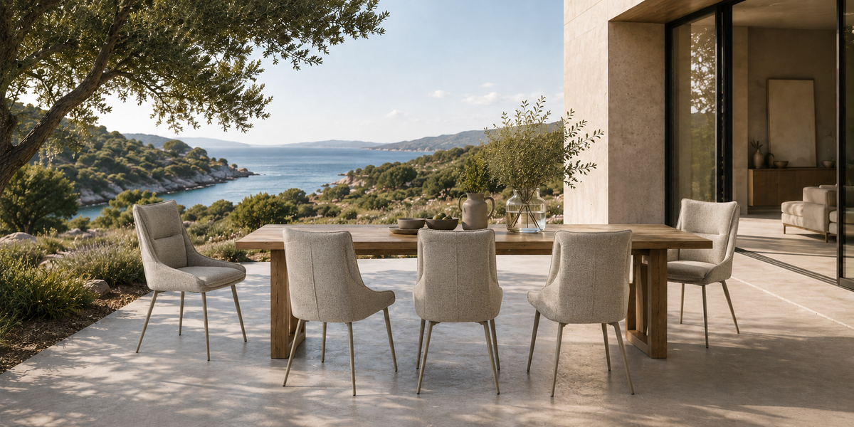 Upholstered wing-back. Warm grey. Refined dining space. with [