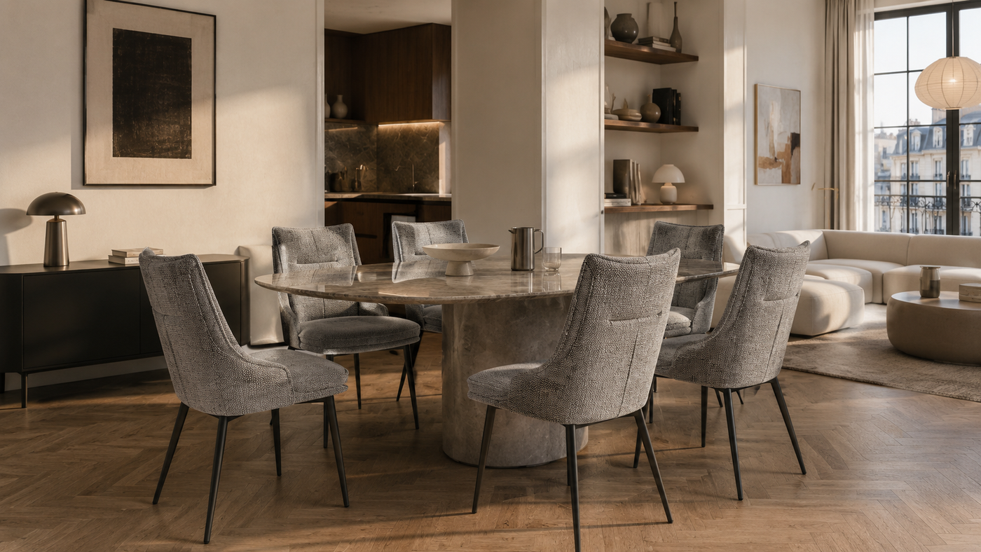 Wing-Back Dining Chairs Around a Round Table with [