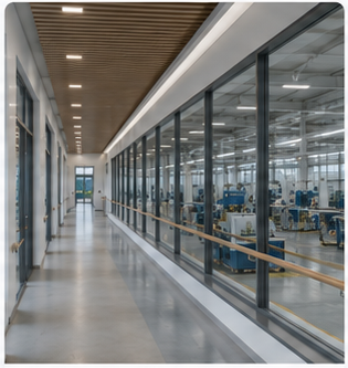 Planning rendering of a glass-partitioned workshop coordination zone close to future production areas.
