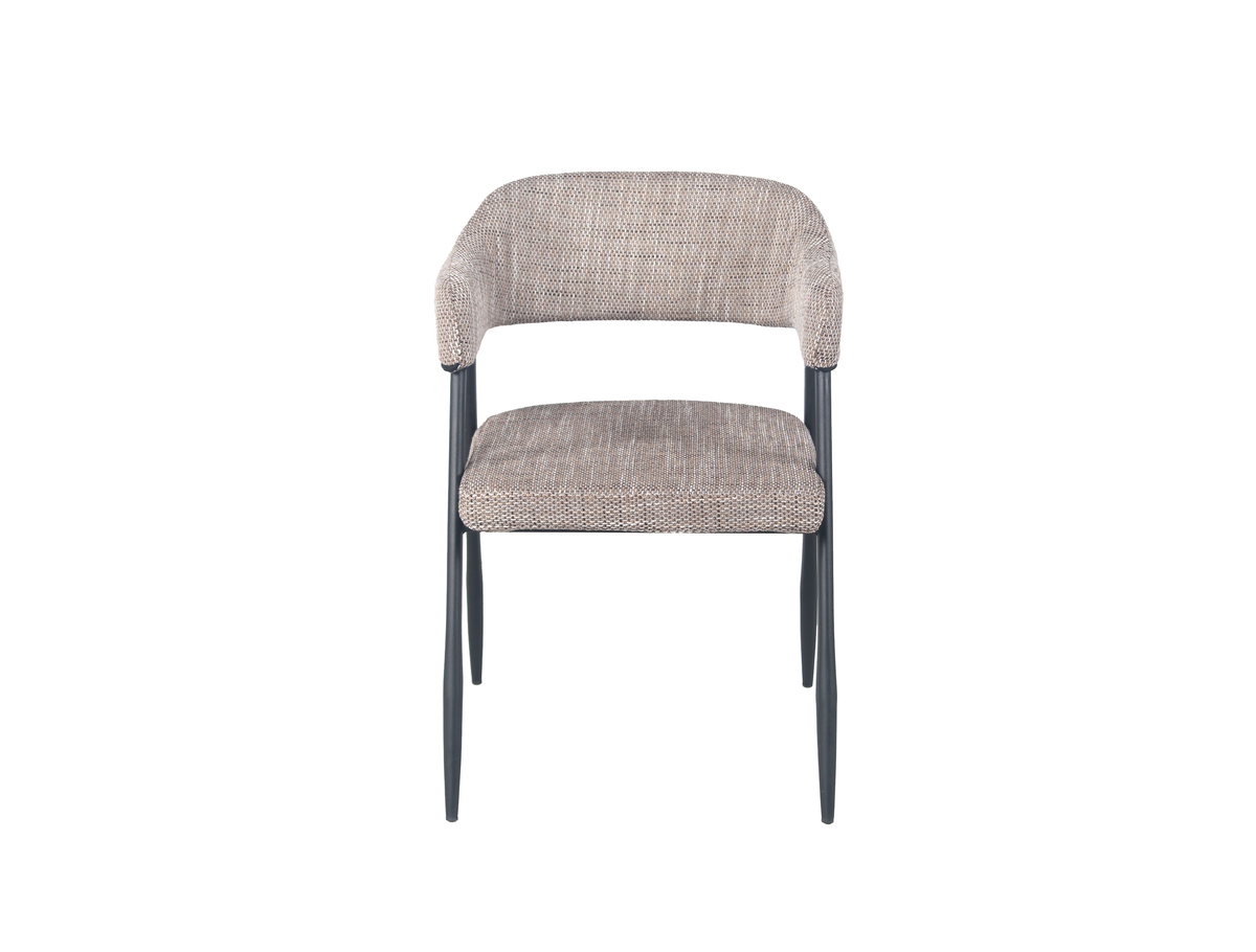 Front view of wraparound dining armchair with low integrated arms, oatmeal mélange woven upholstery, powder-coated steel legs, GEYA Seating DC-1536