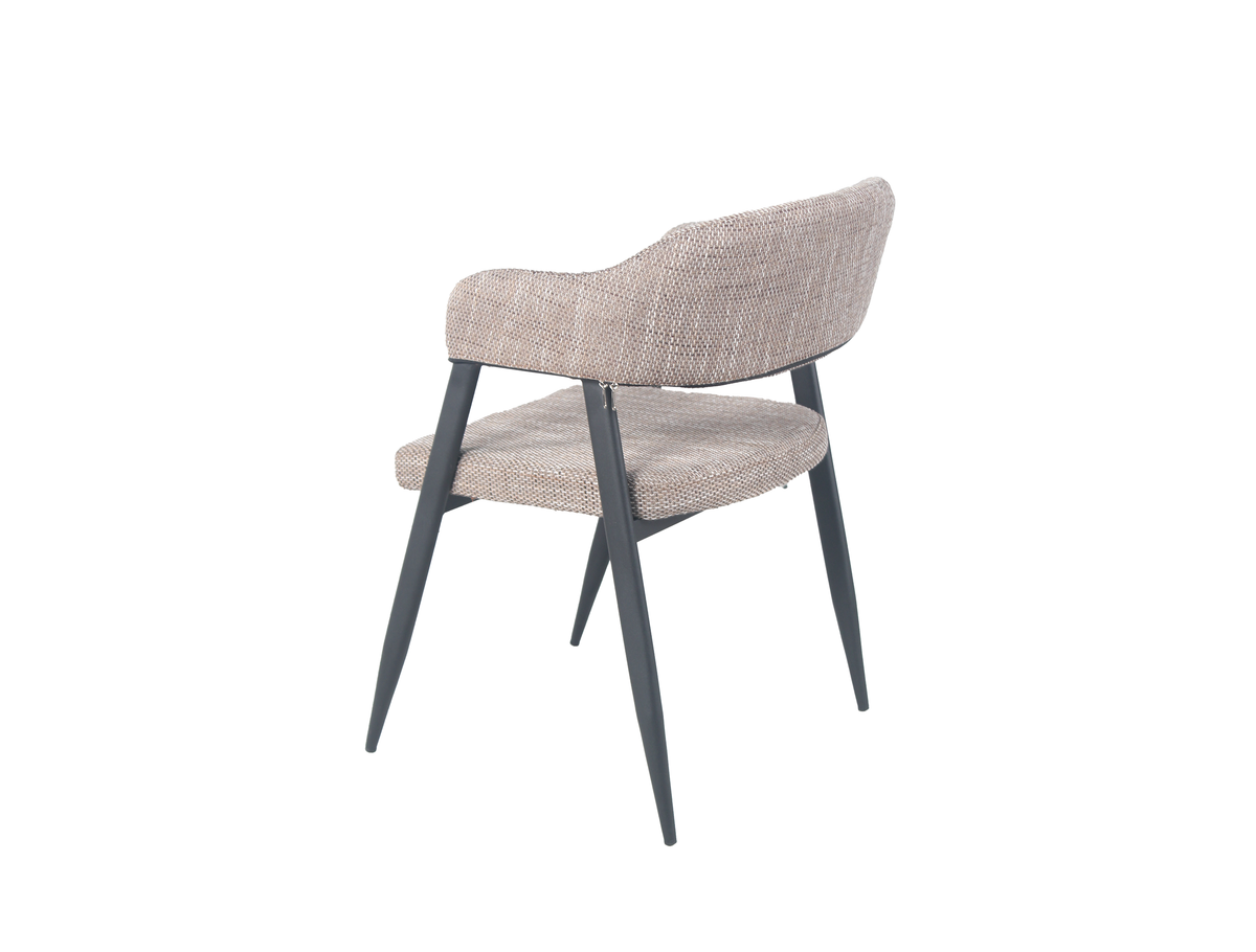 Wraparound open-back dining armchair, fully upholstered outer back in oatmeal mélange woven fabric, tapered black steel legs, DC-1536