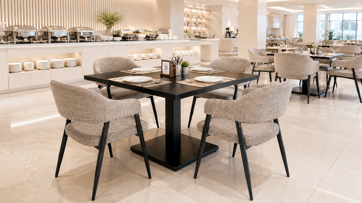 Wraparound open-back dining armchairs in oatmeal mélange woven fabric, repeated placement in hotel all-day dining restaurant, DC-1536