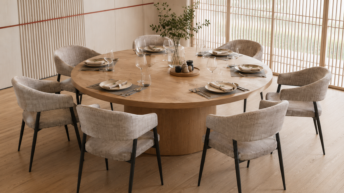 Wraparound open-back dining armchairs in oatmeal mélange woven fabric around a round dining table, private dining room setting, DC-1536