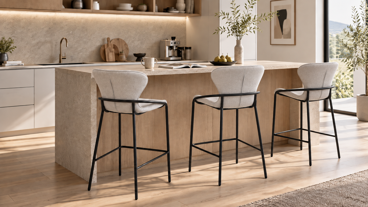 Wraparound-frame upholstered bar stools arranged along a warm home kitchen island, BC-85-750