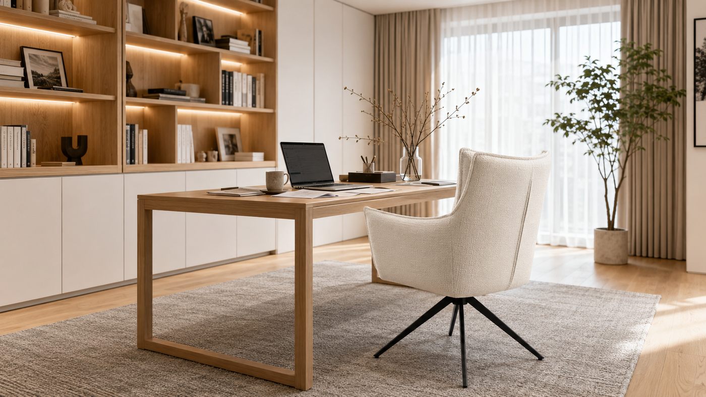Wraparound high-back swivel armchair in decorative bouclé at residential home office desk, natural light with timber shelving background, DC-5051