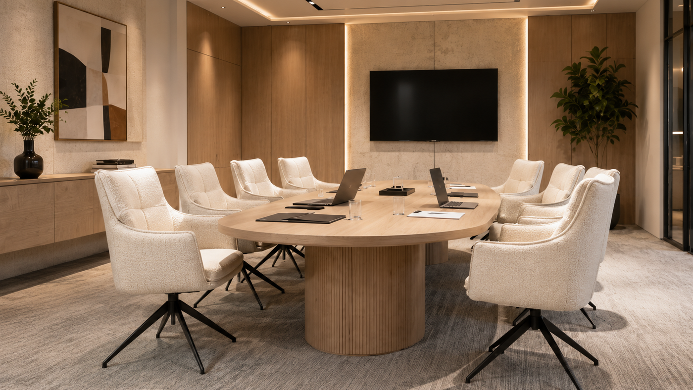 Wraparound high-back swivel armchairs in decorative bouclé, boardroom meeting seating arrangement, oval conference table, DC-5051