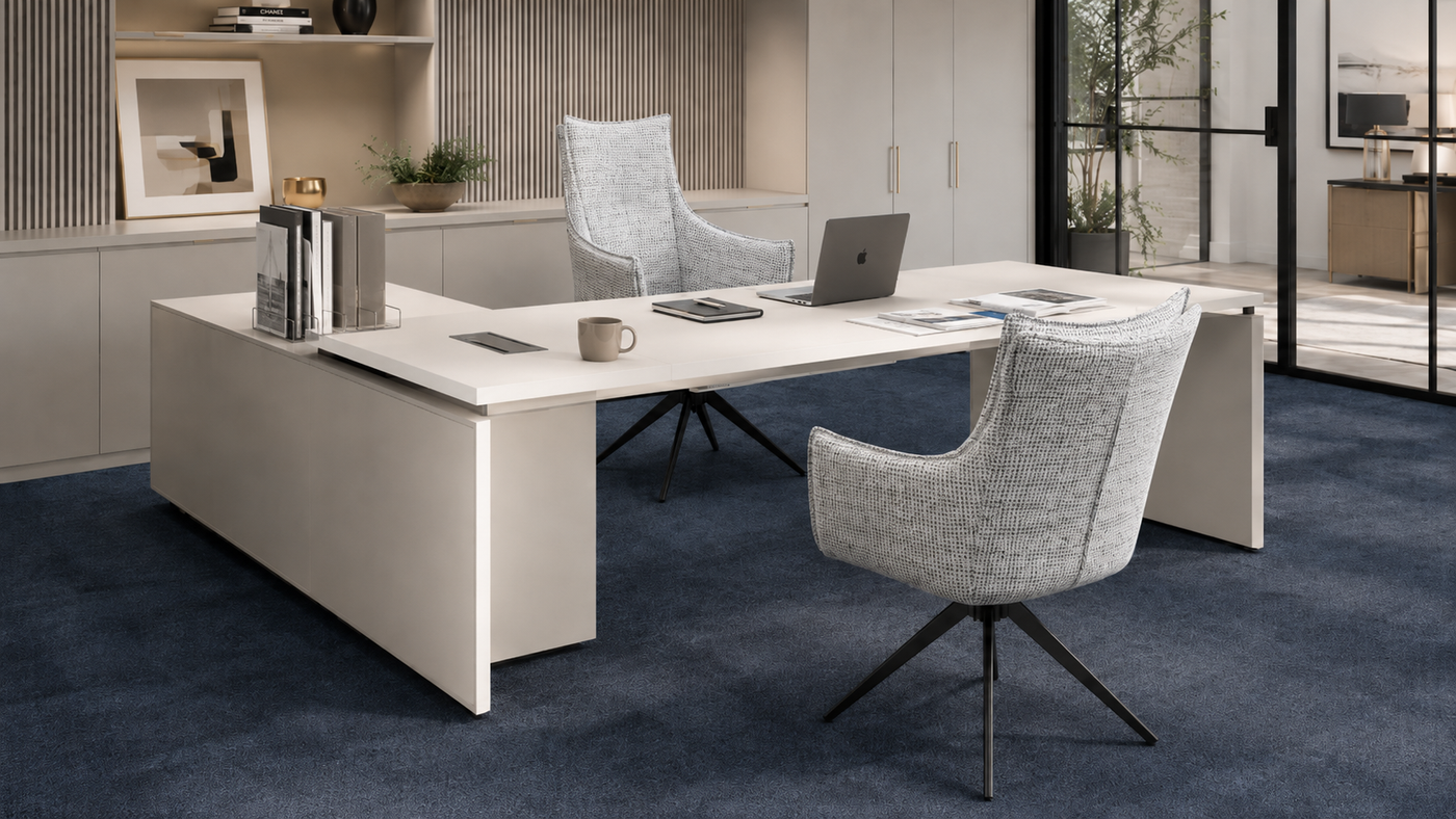 Wraparound high-back swivel armchairs in decorative bouclé, executive office seating arrangement, matt black four-star base, DC-5051
